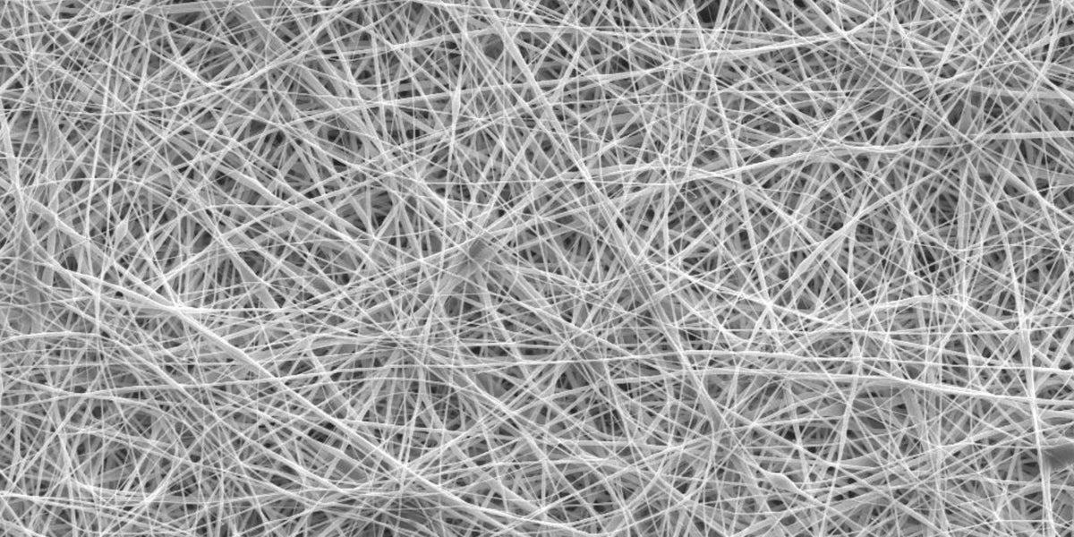 Prim-plan al unei rețele de fibre subțiri, albe, împletite într-un model haotic, care seamănă cu o pânză. Fibrele creează o textură abstractă pe un fundal deschis, cu grosimi și densități diferite pe tot parcursul.