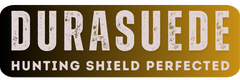 Text cu textul „DURASUEDE” cu font mare distressed, cu „HUNTING SHIELD PERFECTED” în text mai mic dedesubt. Fundalul este un gradient de la maro la auriu.