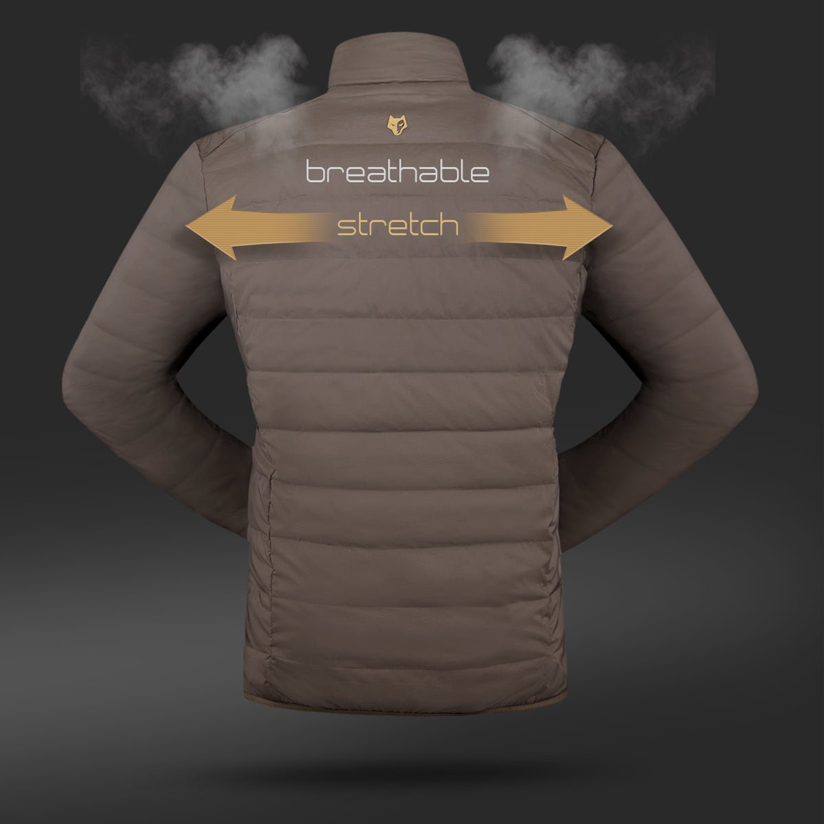 O vedere din spate a lui Hillman’s 1000FP Puffer Geacă de Vânătoare cu Puf 4IL prezintă „respirabil” lângă guler cu efect de abur și „stretch” cu săgeți peste partea superioară a spatelui, evidențiind calitatea puf ultraușor pe un fundal întunecat pentru o eficiență izolației sporită.