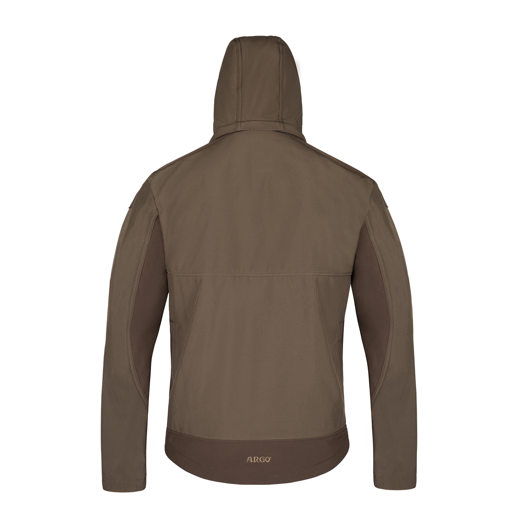 Vedere din spate a GEACĂ VÂNĂTOARE SOFTSHELL ARGO® de la Argo®, o jachetă maro cu glugă, cu mâneci lungi, care ajunge până la șold, cu cusături subtile. Numele mărcii este imprimat lângă tiv, subliniind calitatea rezistentă la vânt.