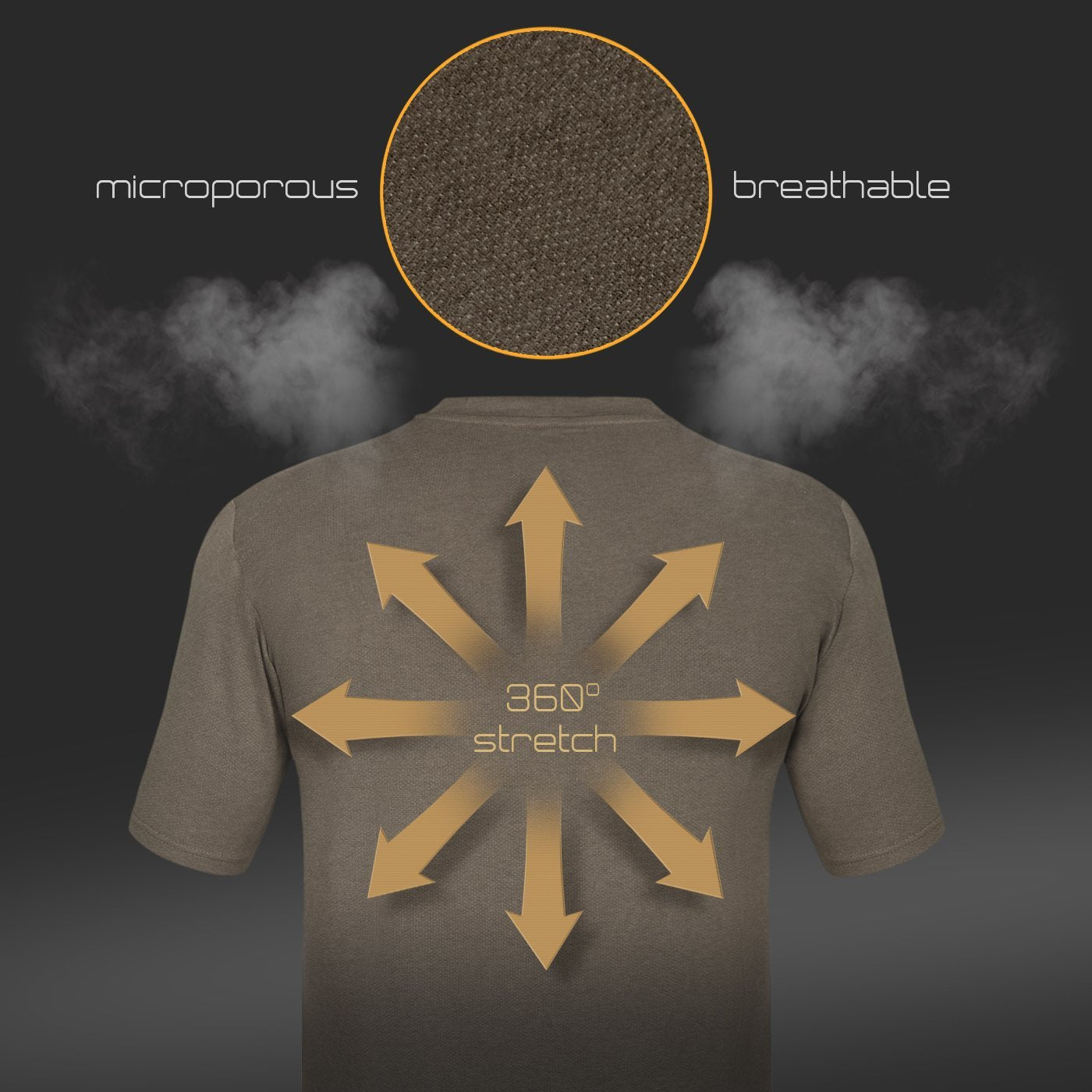 A Hillman Tricou de Vânătoare cu Manecă Scurtă | 1UL în kaki prezintă săgeți galbene care indică întindere la 360 de grade, cu „microporos” și „respirabil” subliniind Tehnologie Active Vent. Un prim plan îi arată textura, subliniind proprietățile sale antibacteriene țesute din fibră de bambus.