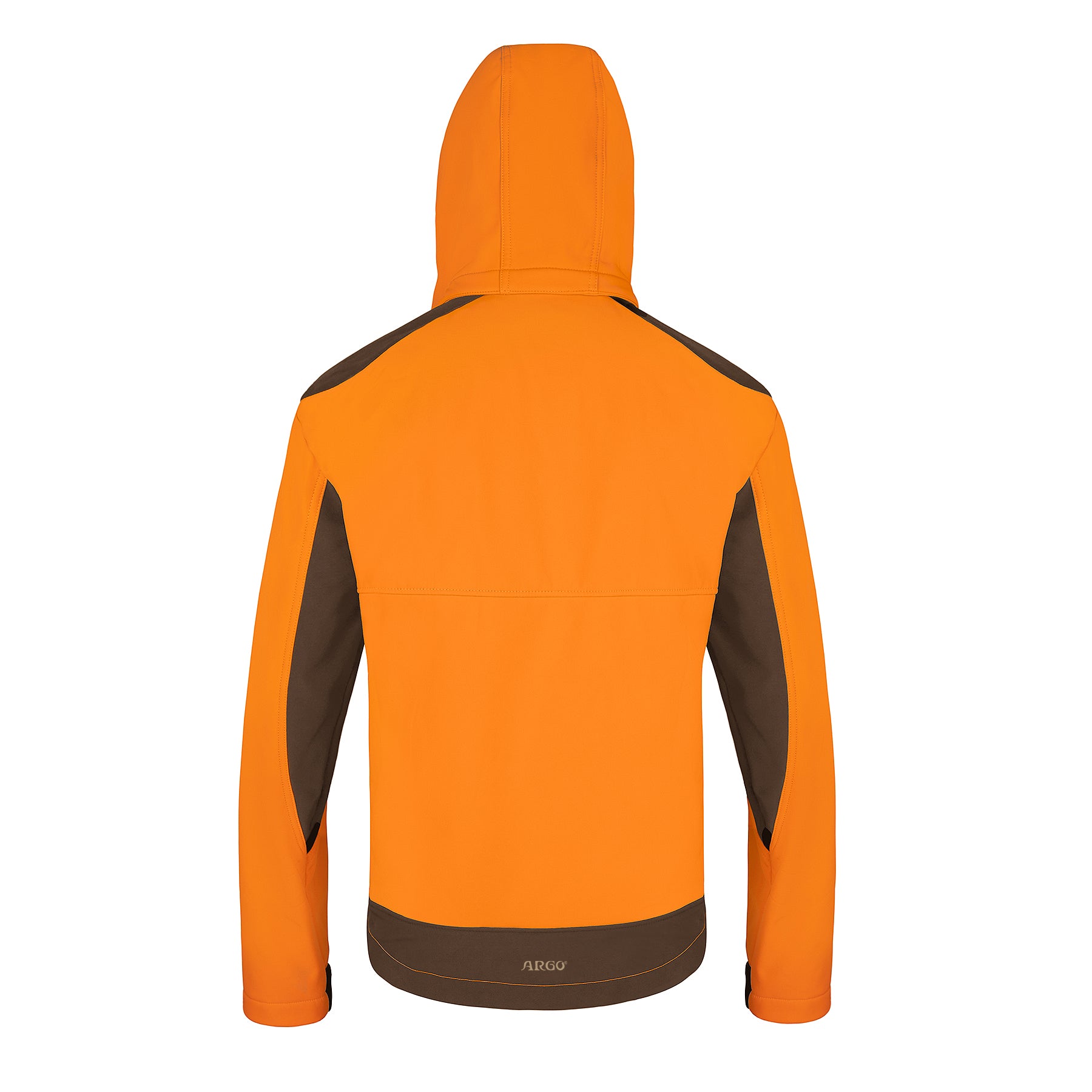 Vedere din spate a modelului GEACĂ VÂNĂTOARE SOFTSHELL ARGO® by Argo®, prezentând un design portocaliu și maro cu mâneci lungi și panouri maro contrastante pe umeri și laterale. Brandul „ARGU” este vizibil în partea de jos a spatelui, iar gluga verticală acoperă zona gulerului.