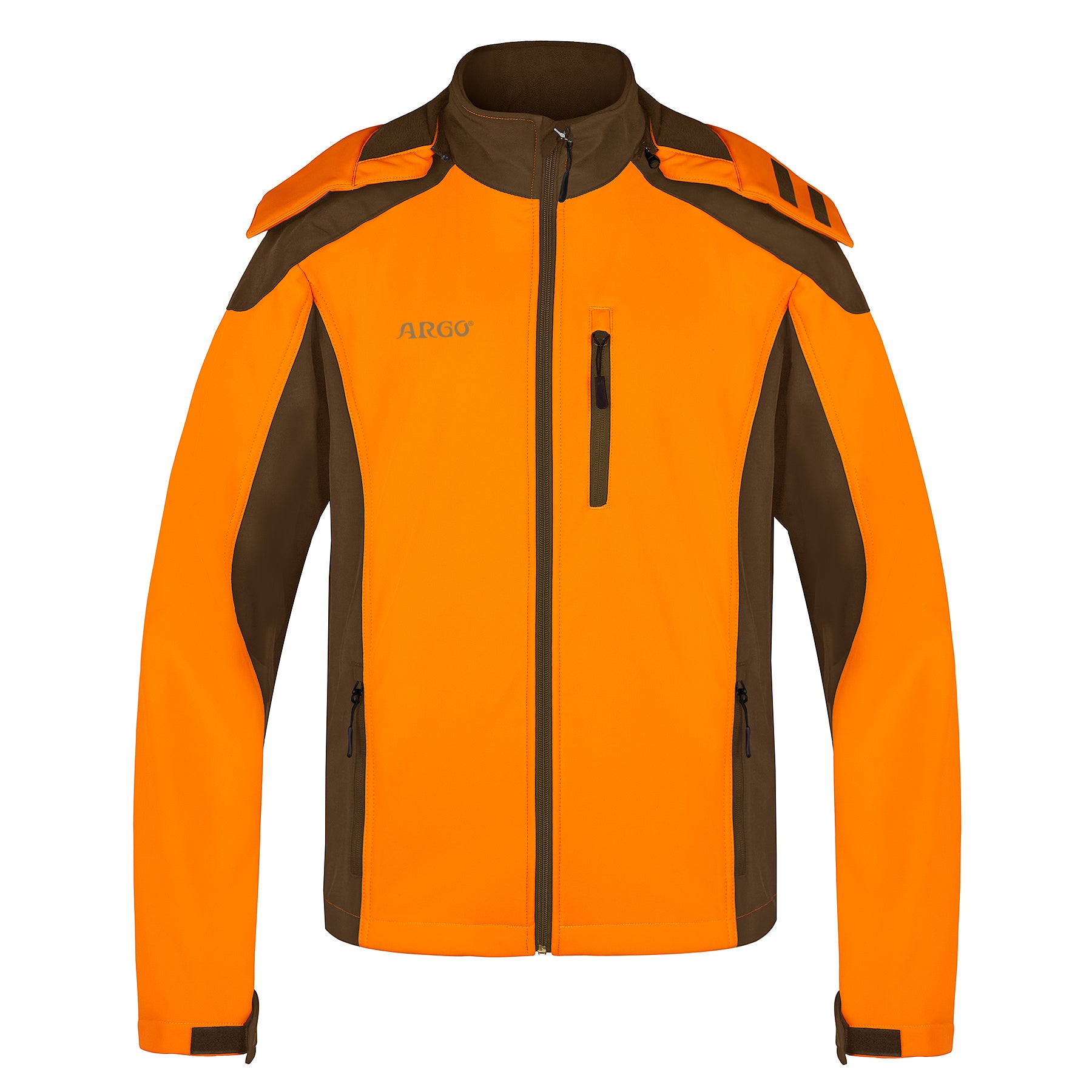 GEACĂ VÂNĂTOARE SOFTSHELL ARGO® by Argo® este o jachetă portocaliu și maro strălucitor, cu fermoar în față, guler ridicat și trei buzunare cu fermoar. Are panouri portocalii pe umeri, este rezistentă la vânt și ideală pentru activități în aer liber.
