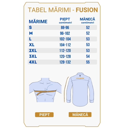 Diagrama mărimilor pentru Geaca Vanatoare Fusion 3DX, cu lungimea pieptului și a mânecilor (S-4XL) în cm. Include ilustrații de măsurare și text în limba română. Dispune de protecție intemperii și izolație Duraheat.