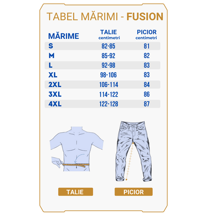 O diagramă de mărimi pentru Pantalon Vanatoare Fusion 3DX afișează măsurile taliei și ale distanței dintre picioare în centimetri pentru mărimile de la S la 4XL, cu o ilustrație a unui bărbat fără cămașă care își măsoară talia și blugi etichetați pentru distanța dintre picioare.